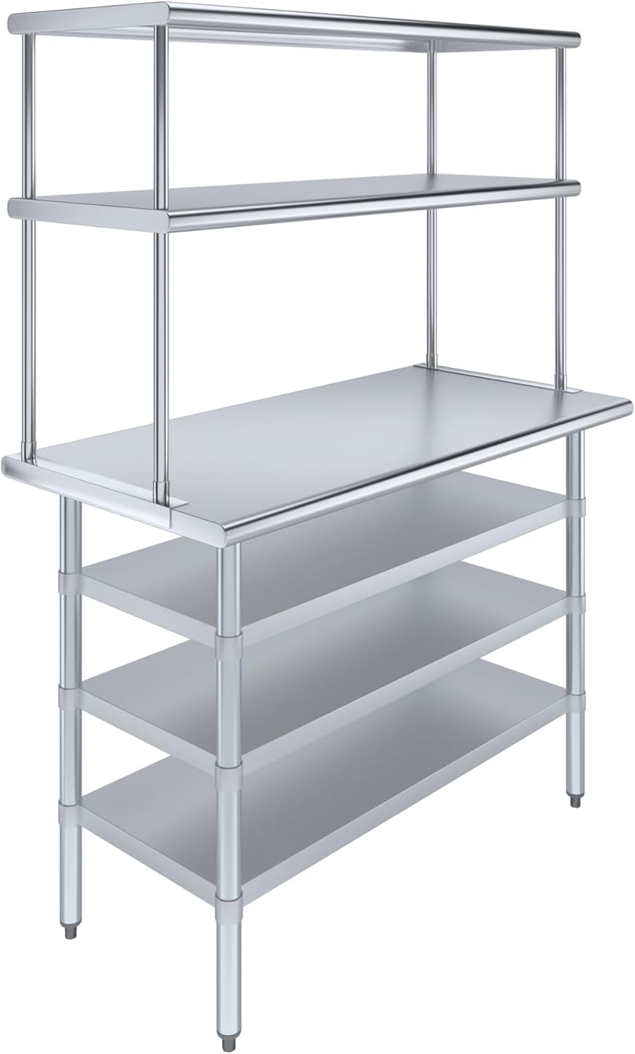 Amgood 24" x 48 Stainless Steel Work Table with 3 Shelves and 18" Wide Double Tier Overshelf | Metal Kitchen Prep Table & Shelving Combo | NSF