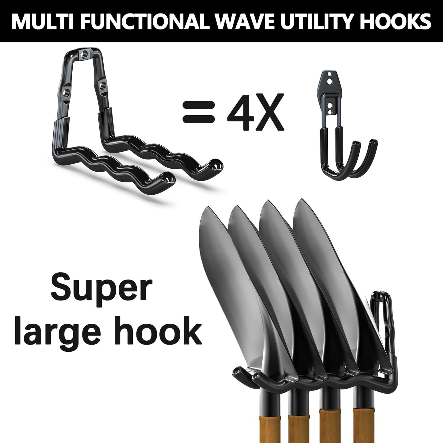 3-H Heavy Duty Garage Hooks 4 Pack, One-Piece Construction Garage Wall Hooks, Garage Hanger & Organizer Wall Mount for Ladders, Bikes, Chairs, WeedEaters, Shovels, Garden Tools (Black)
