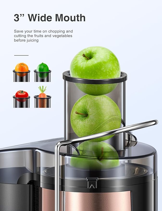 QCen Juicer Machine, 800W Centrifugal Juicer Extractor with Wide Mouth 3” Feed Chute for Fruit Vegetable, Easy to Clean, Stainless Steel, BPA-free (Rose Gold)