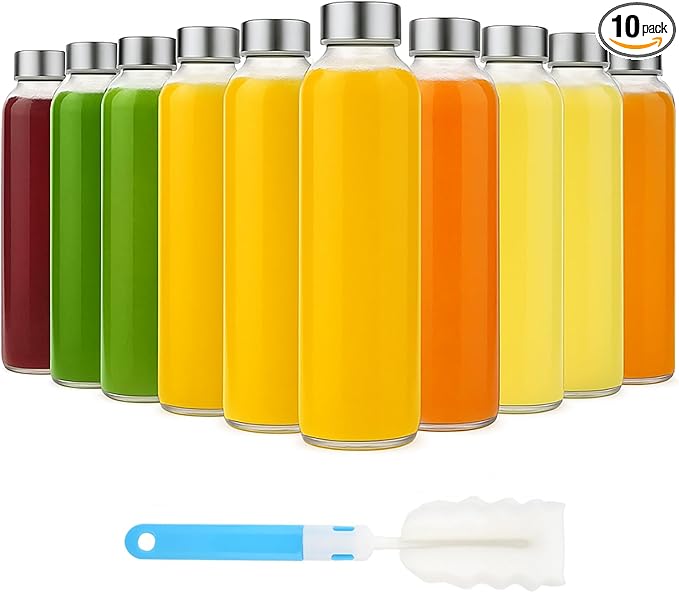 [10 Pack]18 oz Glass Water Bottles with Lids, Juice Bottles, Clear glass juice bottle for juicing, Eco-Friendly Reusable Glass Juicing Bottles with Stainless Steel Lid, BPA Free,Leak-Proof