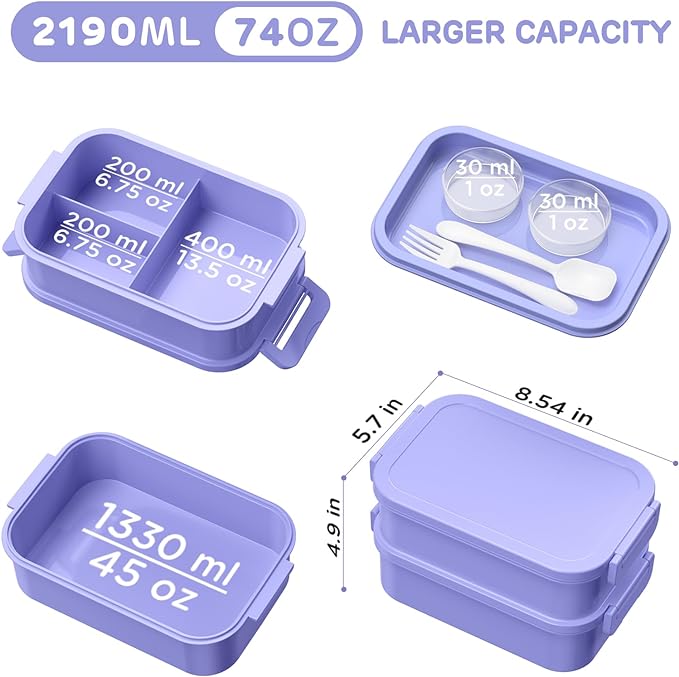 Lunch Box Adults Bento Box - 74 OZ All-in-One Stackable Lunch Box Containers for Adult Large Bento Box with Fork Spoon Sauce Boxes, Leakproof Lunchbox for Work School Dining Out,Macaron-Purple