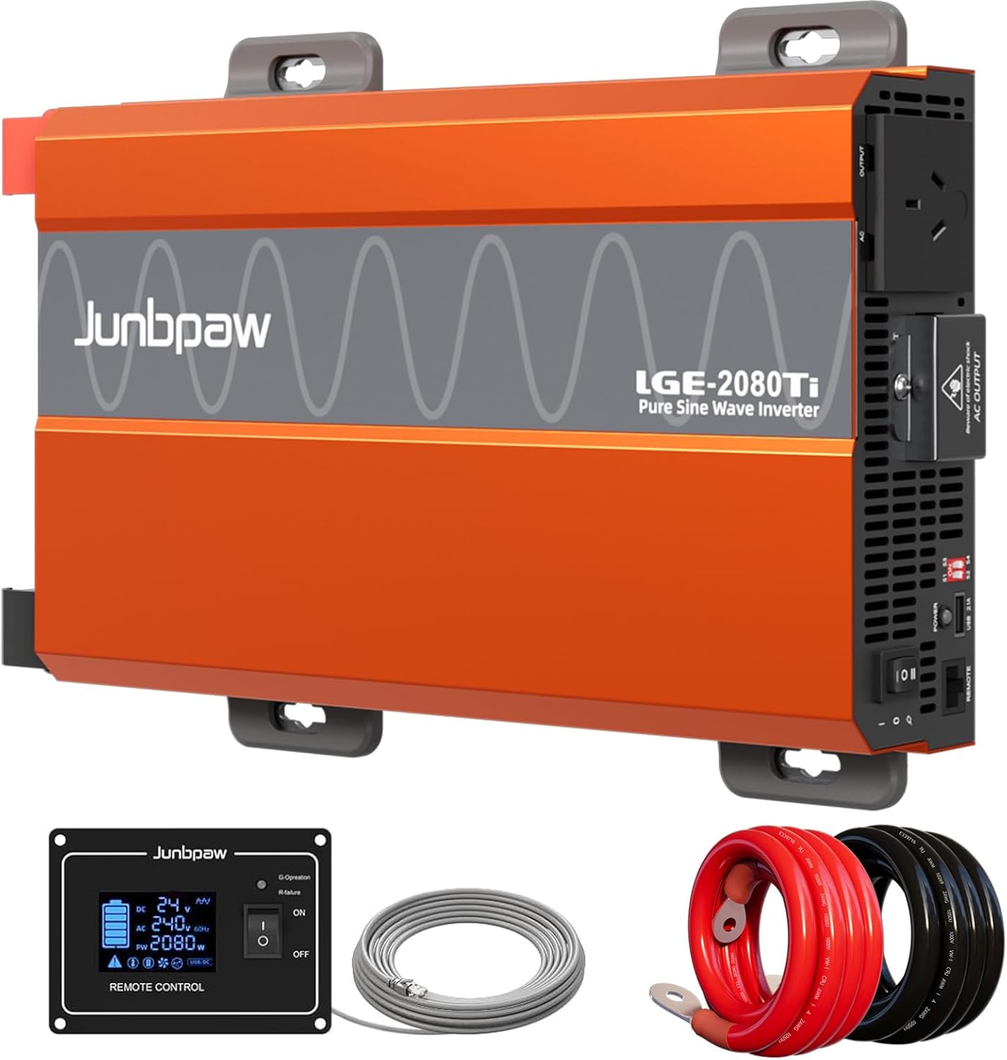 2080W Pure Sine Wave Inverter, 12V DC to 110V/120V AC, 6000W Peak, 5V/2.1A USB, Quiet Fan, Capacitor, Off-Grid Solar Power for RV, Camping, Emergency, Truck (LGE-24-2080TI)