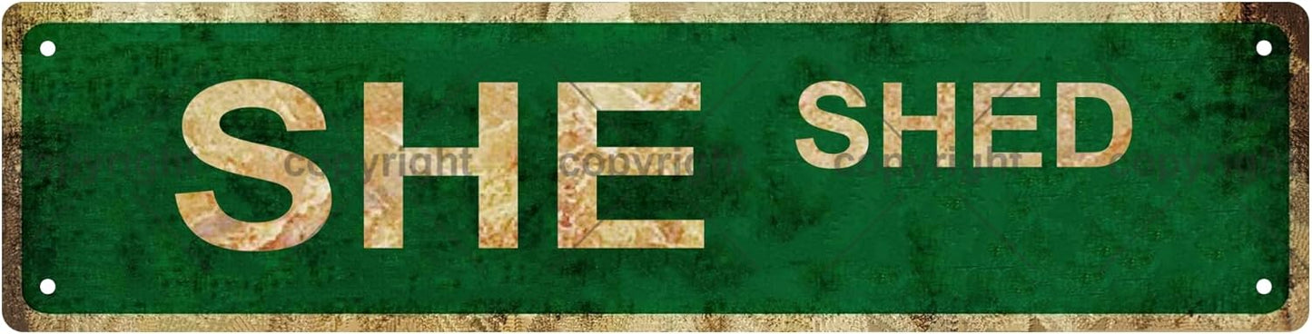 SHE SHED Vintage Metal Tin Sign, Street Sign, Home Decor, Room Decor, Wall Decor, Bathroom Decor, Bar Decor, Cafe Decor, Garage Decor, 16 x 4 Inch
