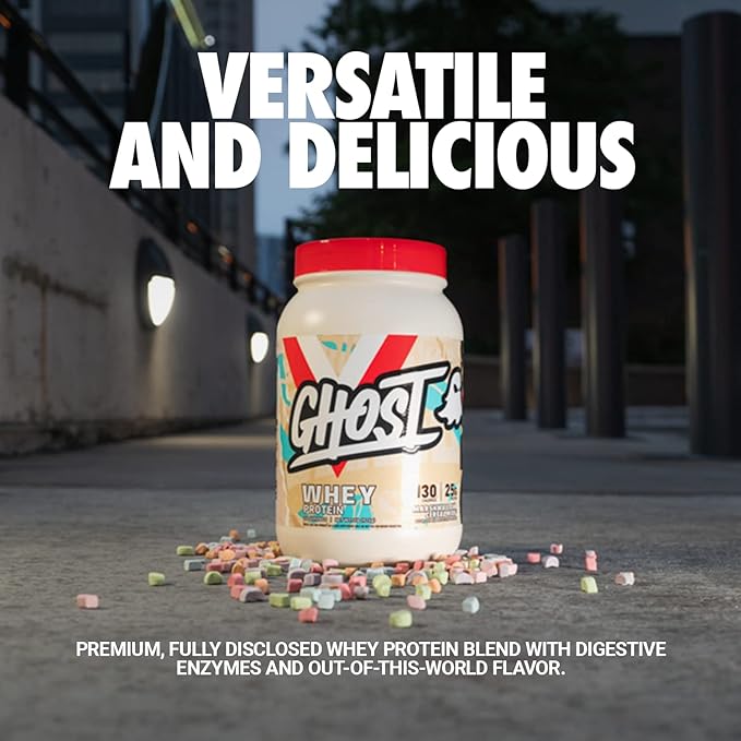 GHOST Whey Protein Powder, Marshmallow Cereal Milk - 2LB, 25G of Protein - Whey Protein Blend - ­Post Workout Fitness & Nutrition Shakes, Smoothies, Baking & Cooking - Soy & Gluten-Free