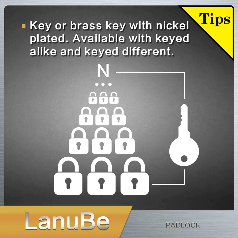 LanuBe Lock Laminated keyed Padlock (1-9/16", 40mm), keyed Alike Locks, Long Shackle,Marked Black Plastic Hoop, Pack of 24