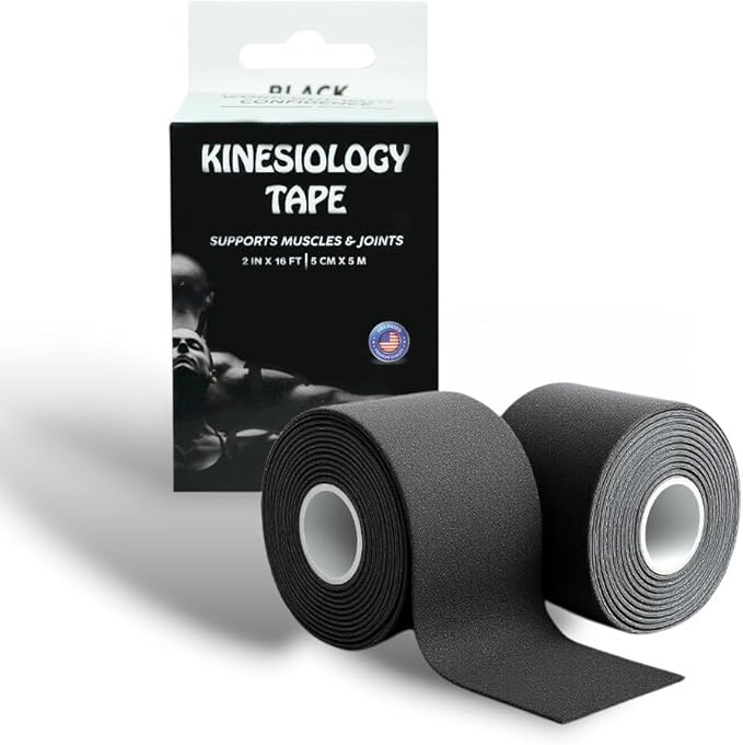 JLB Kinesiology Tape – 2 Rolls (16ft Each) – Strong Adhesion, Waterproof & Sweatproof – Latex-Free Sports Tape for Pain Relief, Muscle Support & Recovery – Physical Therapy & Athletic Tape (Black)