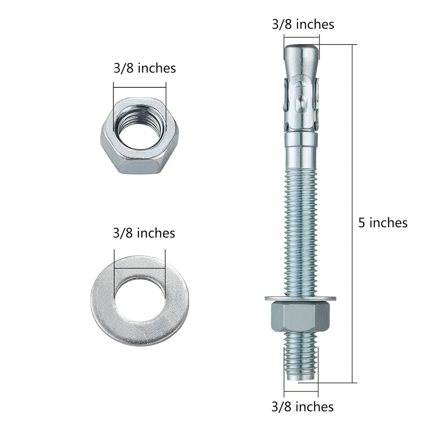 3/8x5" 100Pcs Inch Standard Fasteners for Heavy-Duty Zinc Wedge Anchors for Cement and Concrete
