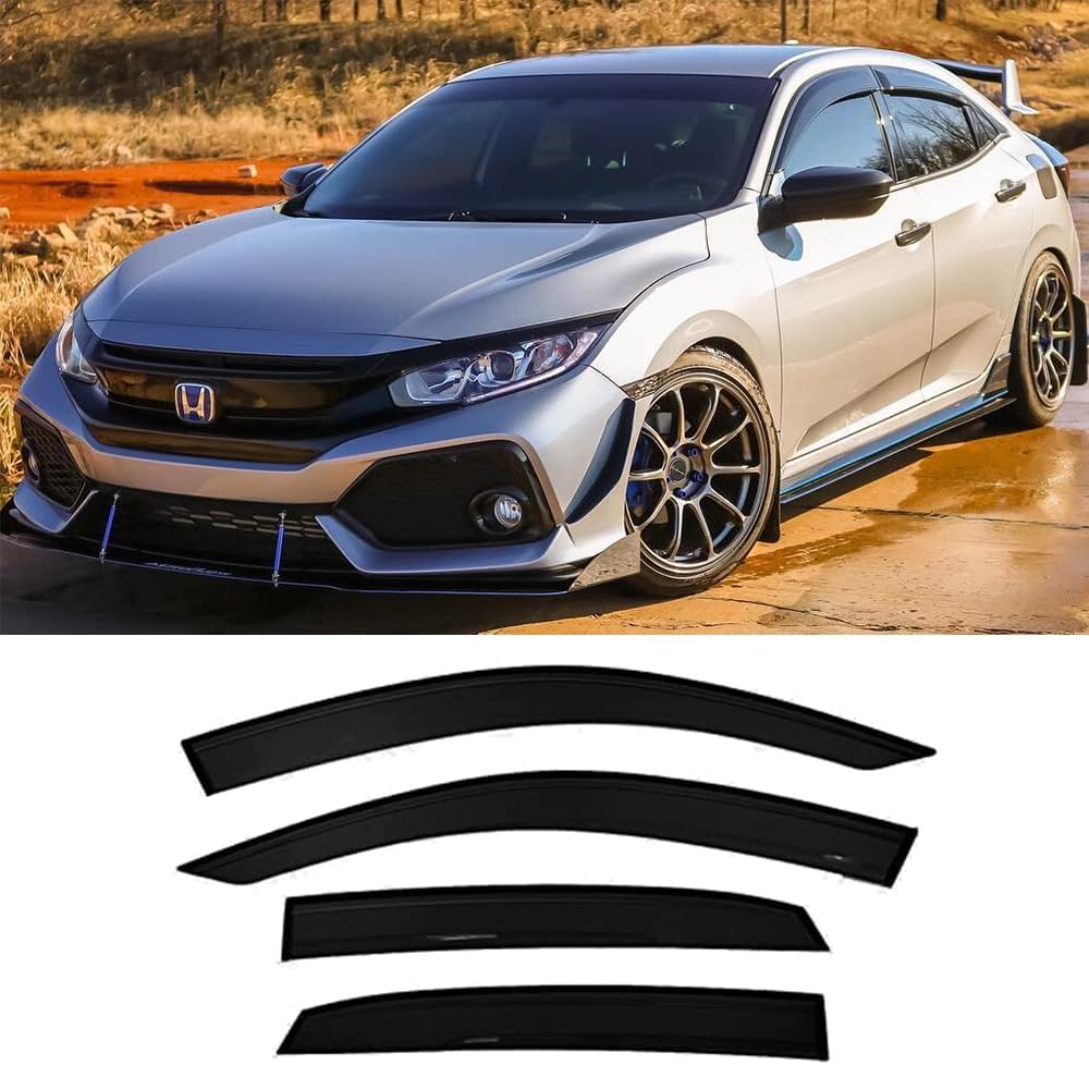 94682 Side Window Visor Wind Vent Deflector, 4pcs Out-Channel Tape-On Nice Sun Shade Rain Guards Set fit for 2016-2021 Honda Civic 4-Door Sedan Model