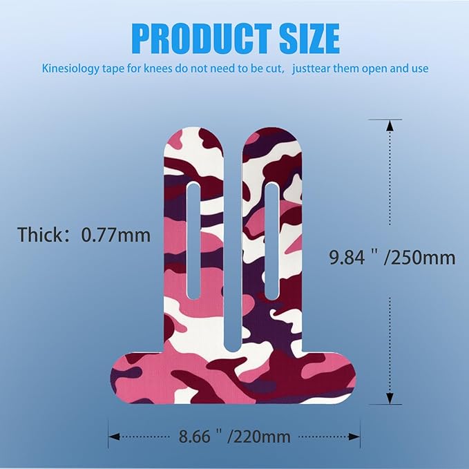 Precut Kinesiology Tape for Knees,12 Pcs – Elastic Knee Support & Stability, Pain Relief – Waterproof, Breathable, Hypoallergenic Athletic Tape (Camo Pink)