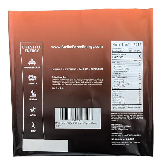 Strike Force Energy Drink Mix - Orange Flavor - Natural Tasting Caffeine Drink - Turn Any Drink into a Healthy Energy Drink - Zero Calories, Keto Friendly, Sugar Free, Pre Workout (40 Liquid Packs)