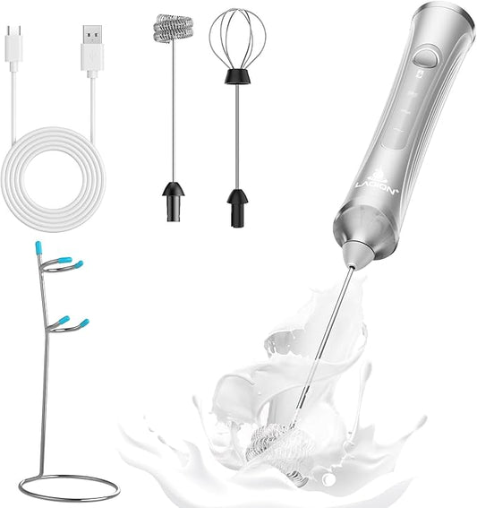 Rechargeable Frother Wand with Stand, Milk Frother with Detachable Stainless Steel Double Rings Whisk, 3-Speed Handheld Electric Drink Mixer for Lattes, Cappuccino, Coffee (Sliver)