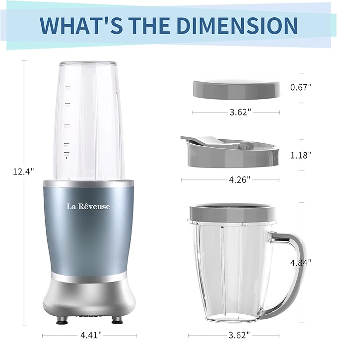La Reveuse Personal Size Blender 250 Watts Power for Shakes Smoothies Seasonings Sauces with 1 Piece 15 oz Cup,1 Piece 10 oz Mug,BPA-free (Pearl Blue)