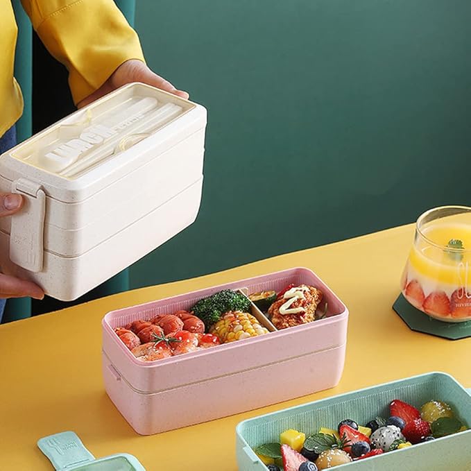 Iteryn Bento Box Lunch Box, 3-In-1 Compartment Containers - Wheat Straw, Leakproof Stackable Bento Lunch Box Meal Prep