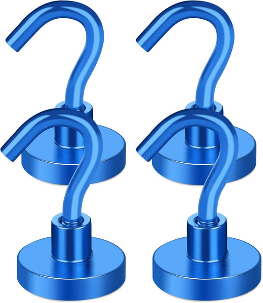 MIKEDE Magnetic Hooks Heavy Duty, 28LB+ Strong Magnets with Hook for Fridge, Neodymium Extra Strength Industrial Hooks for Hanging, Magnetic Hanger for Toolbox, Cruise, Grill(Blue,4 Pack)