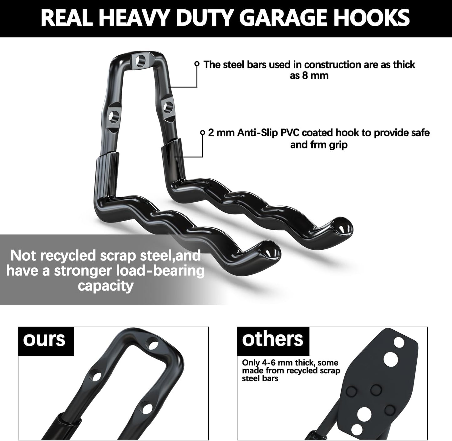 3-H Heavy Duty Garage Hooks 6 Pack, One-Piece Construction Garage Wall Hooks, Garage Hanger & Organizer Wall Mount for Ladders, Bikes, Chairs, WeedEaters, Shovels, Garden Tools (Black)