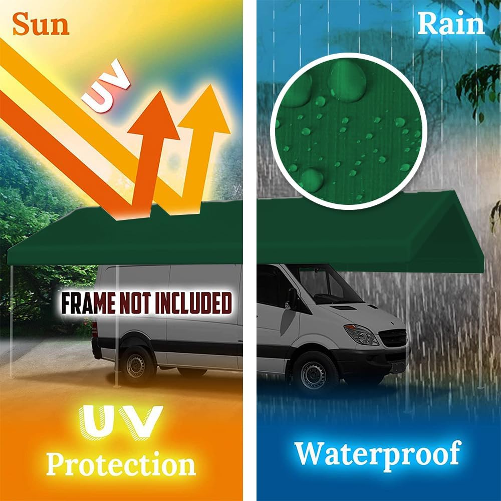 12'x20' Upgraded Carport Replacement Top Canopy Cover for Car Garage Shelter Tent Party Tent with Ball Bungees Green (Only Top Cover, Frame is not Included)