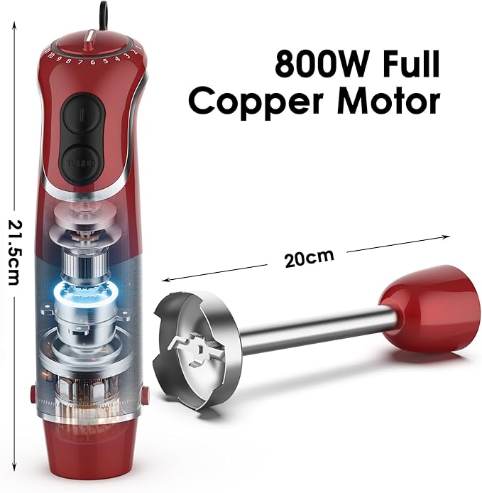 Powerful Immersion Blender 3.0, BPA-Free, 800W Electric Hand Blender with 12-Speed&Turbo, Stick Blender for Soup, Smoothie, Puree, Detachable Base, 304 Stainless Steel 3D Blades, Red