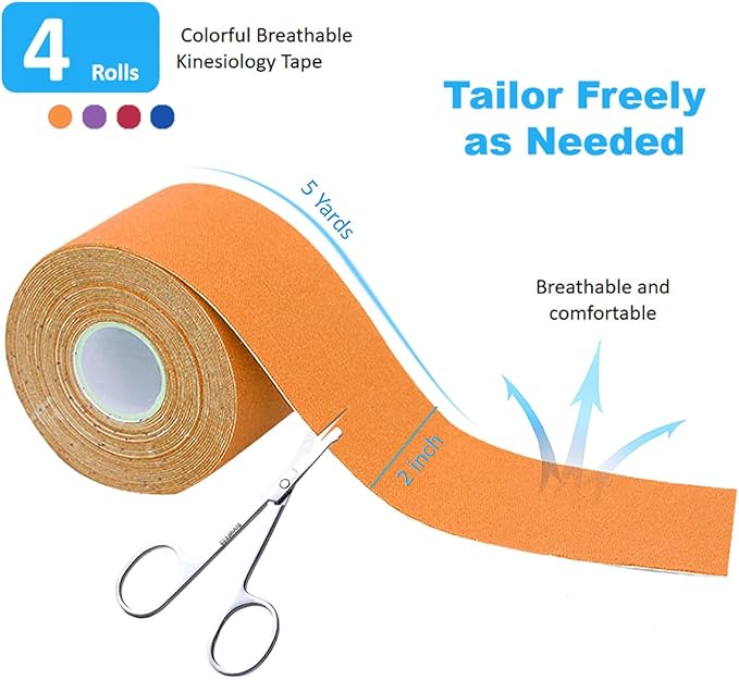 4 Pack Kinesiology Tape, Athletic Tape Supports Protects Muscles, Knees, Shoulders & Plantar Fasciitis, Waterproof & Hypoallergenic Kinesiology Tape (Deep Color)