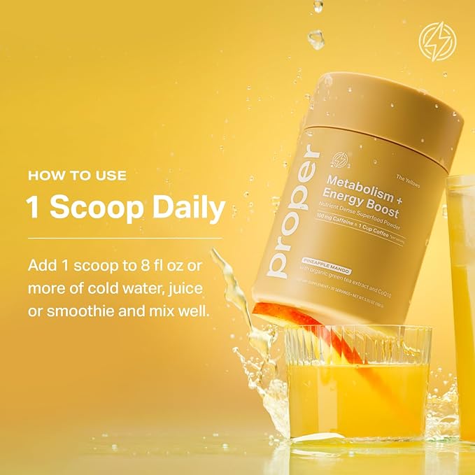 Proper, The Yellows Metabolism and Energy Boost, Sugar Free Energy Drink Powder with 100mg Caffeine. No Creatine or Beta-Alanine. 15 Servings, Pineapple Mango Drink Mix for Men and Women