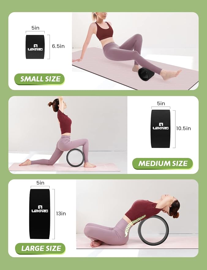 Yoga Wheel Set for Back Pain, 3 Pack Stretching Back Roller Wheel with Yoga Strap & Resistance Band, Great for Improving Flexibility & Backbend, Deep Tissue Massage, Size 13"/10.5"/6.5''