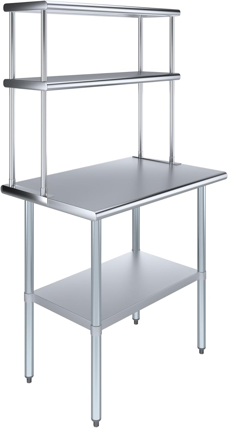 AmGood Stainless Steel Work Table Double Tier Overshelf | NSF (24" x 36" Work Table + 12" Overshelf)