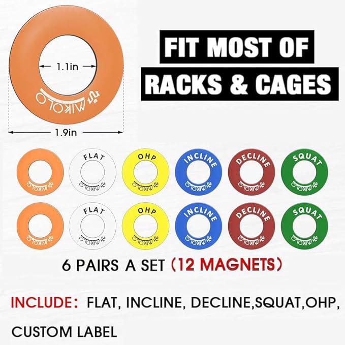 Mikolo Squat Rack Magnetic Position Markers - Power Cage Attachment, for J-Hooks and Spotter Arms (1" Holes)