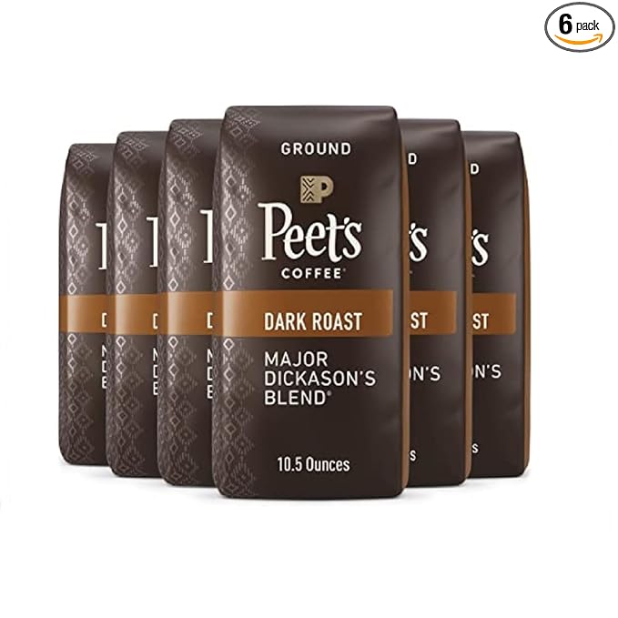 Peet's Coffee, Dark Roast Ground Coffee - Major Dickason's Blend 63 Ounces (6 Bags of 10.5 Ounces)