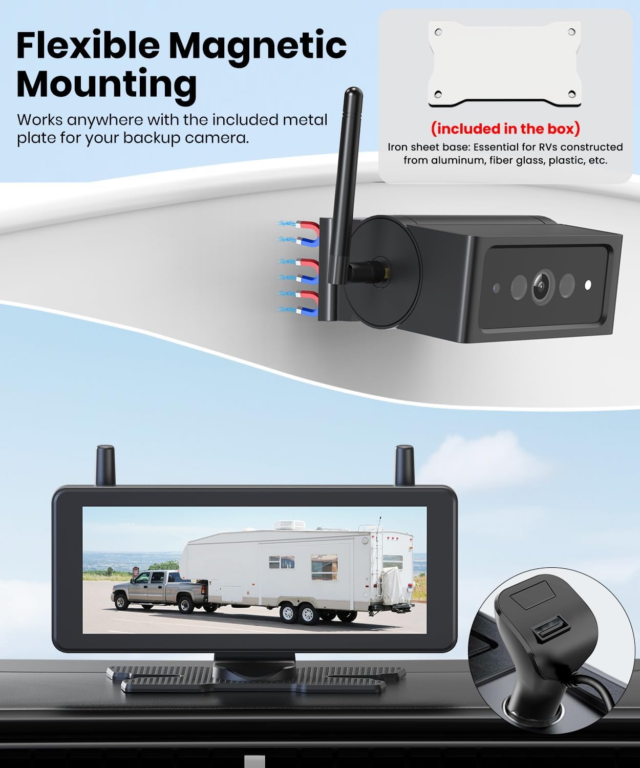 AUTO-VOX Wireless Backup Camera Magnetic:7.2" 1080P HD DVR Recording Monitor,No Wiring 1 Min Install Dual Antenna RV Back Up Camera,IP69K Waterproof with IR Night Vision for Truck,Camper,Trailer