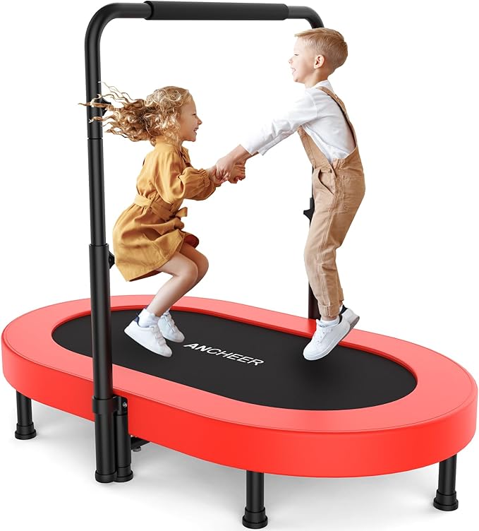 ANCHEER 56" Double Mini Trampoline for Kids, Mini Rebounder with 5-Level Adjustable Handle, Parent-Child Trampoline for Kids, Max Load 220lbs, Fun for Indoor/Outdoor