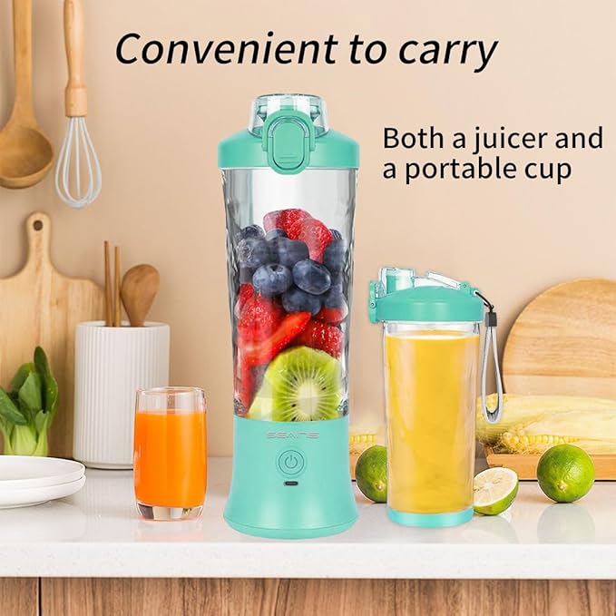 Portable Blender, Personal Blender for Shakes and Smoothies with 20 Oz Travel Cup and Lid, Mini Personal Size Blender with 6 Blades and USB Rechargeable for Gym and Kitchen (Mint Blue)