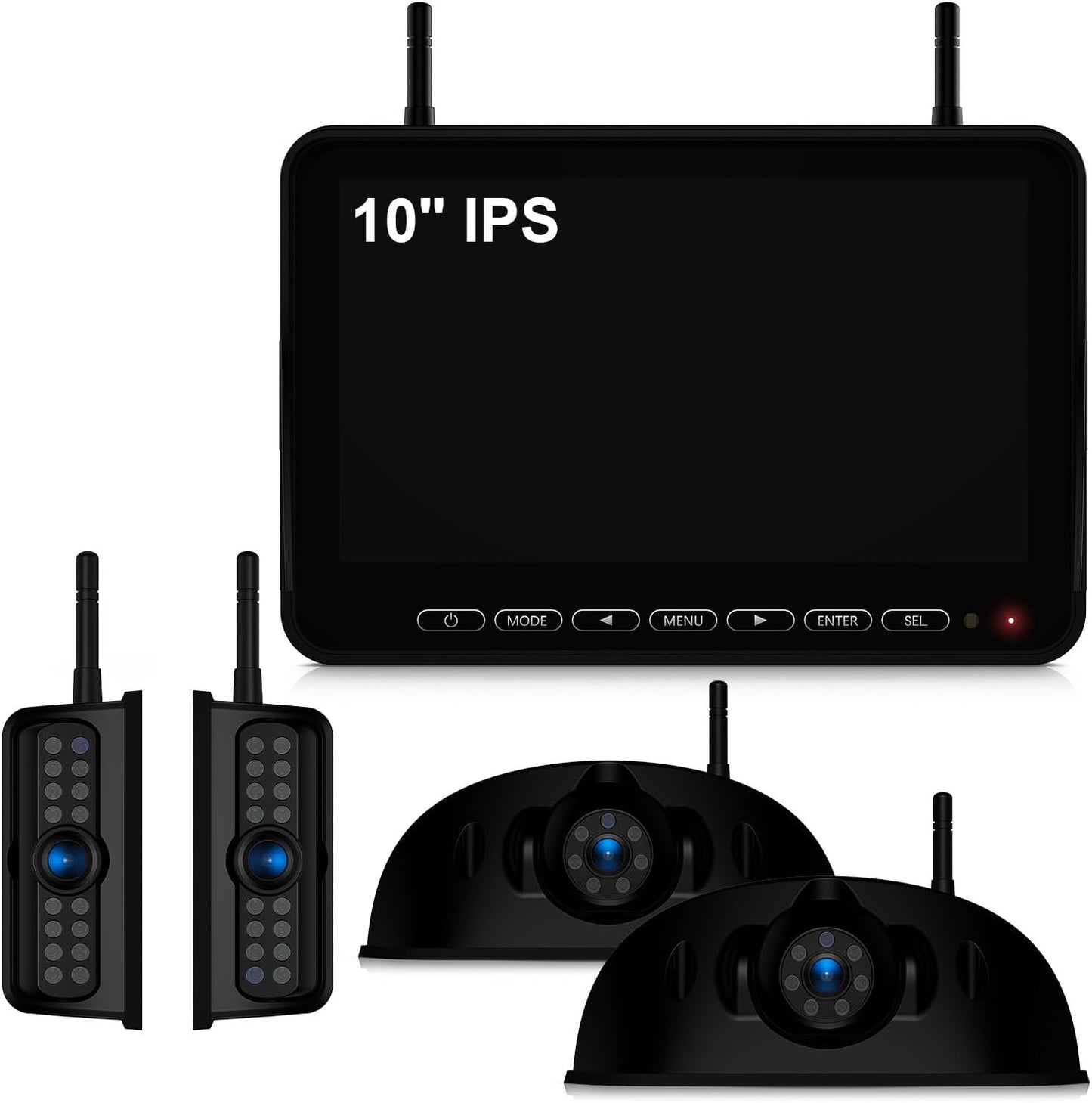 Fookoo HD 10" Wireless 4 RV Backup Camera System for Furrion Pre-Wired RV Truck Trailer, 10" IPS Monitor, 2 Side View 2 Rear View Cameras, Split Screen IR Night Vision Recording Waterproof - D10Y4