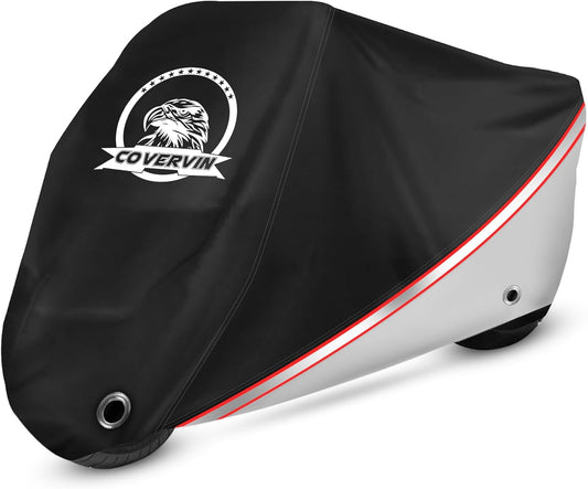 COVERVIN Motorcycle Cover, All Weather Outdoor Waterproof Night Protection with Reflective Strips, Locking Holes and Storage Bag for 104 Inch Suzuki, Kawasaki, Honda, Harley-Davidson(Silver XXL)