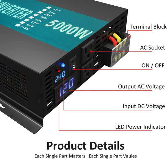 WZRELB Pure Sine Wave 5000W (10000W Surge) 24V Power Inverter DC to AC Power - Solar, RV, RBP-S500024