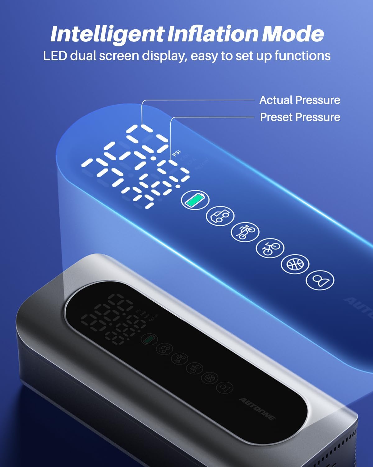 AUTOONE Tire Inflator Portable Air Compressor, 150PSI Air Pump for Car Tires with Tire Pressure Gauge, 3X Faster One Click Smart Cordless Tire Air Pump for Car, Motorcycle, Bike, Ball and More