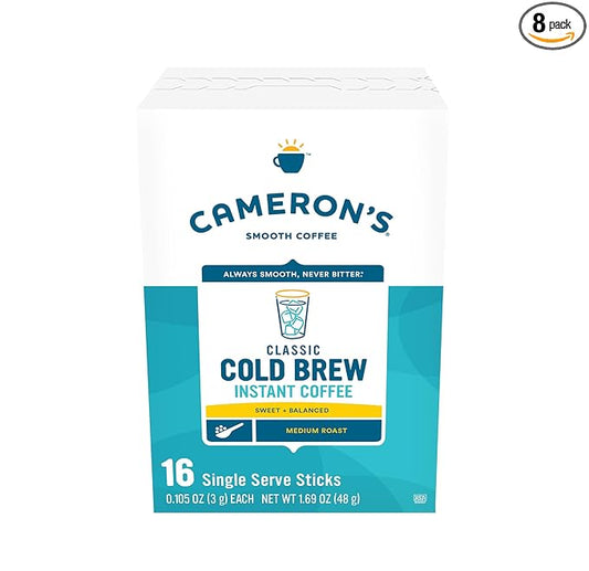 Cameron's Coffee Classic Cold Brew Instant Single Serve Sticks, Medium Roast , 100% Arabica , 128 Count