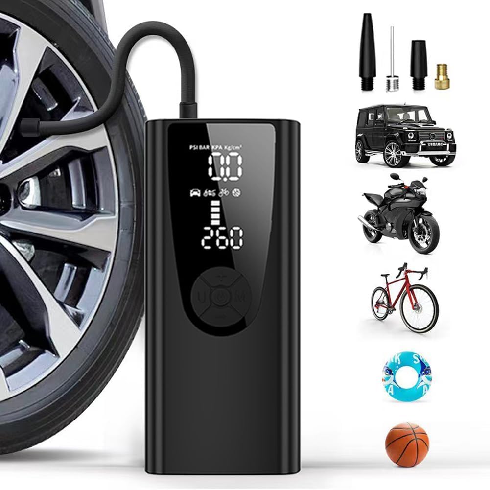 Tire Inflator Portable Air Compressor/Pump for Car Tires w/Digital Tire Pressure Gauge - Air Compressor (120 PSI) - Motorcycle, Electric Bike Pump and Bicycle Pump w/LED Light