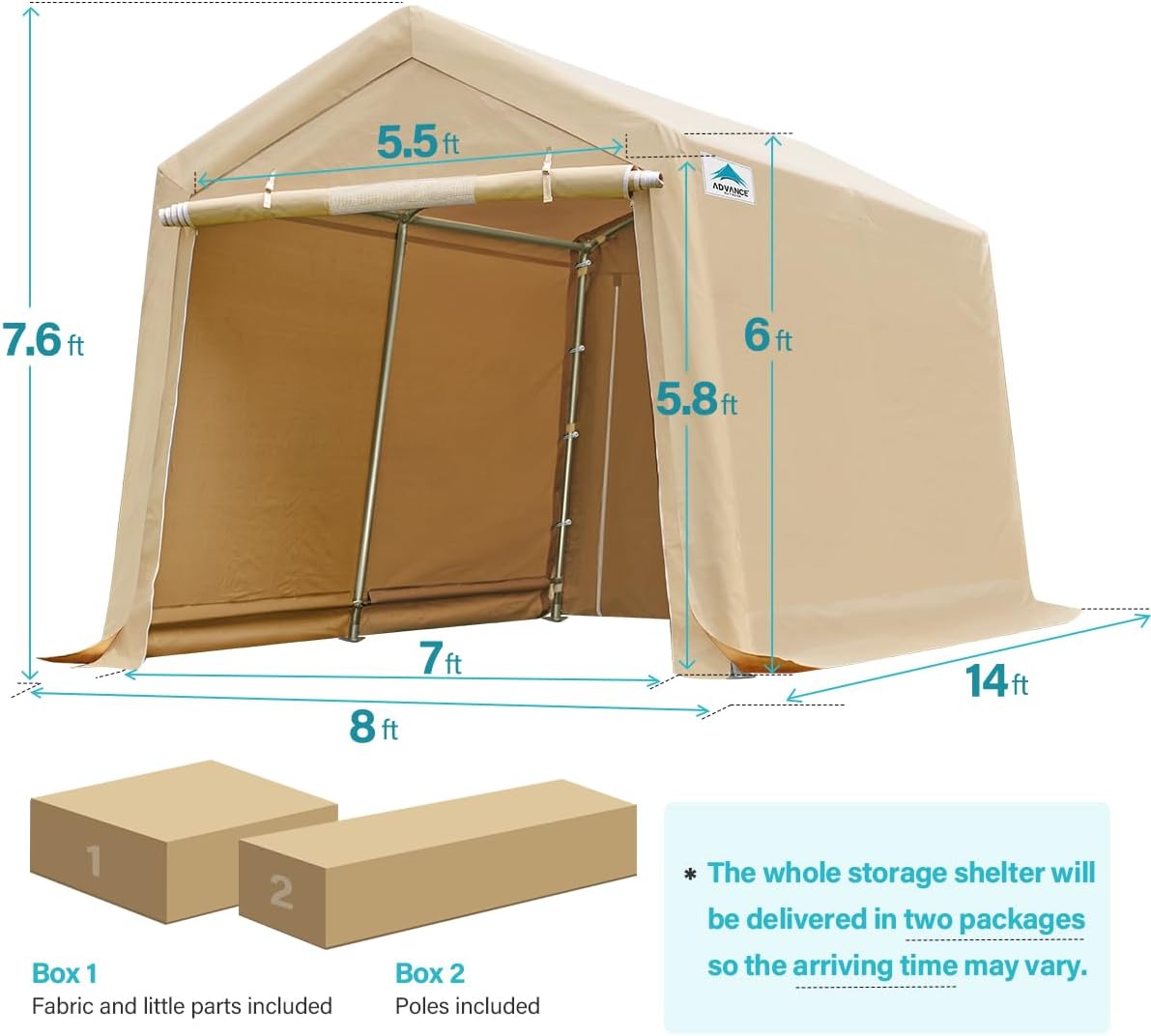 ADVANCE OUTDOOR 8x14 ft Steel Metal Peak Roof Portable Garage Shelter Storage Shed Carport for Motorcycle, Bike or Garden Tools with 2 Roll up Doors & Vents, Beige