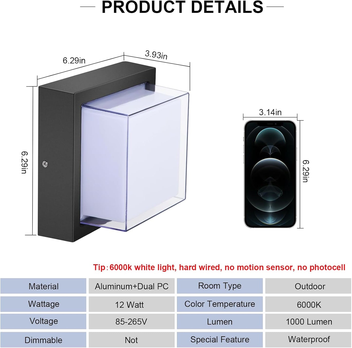 Exterior Wall Lights, Modern Waterproof Outdoor Wall Mount Lighting, Black Square Small Led Porch Light with Anti-Rust 6000K Daylight 12W for Garage, Entryway,House