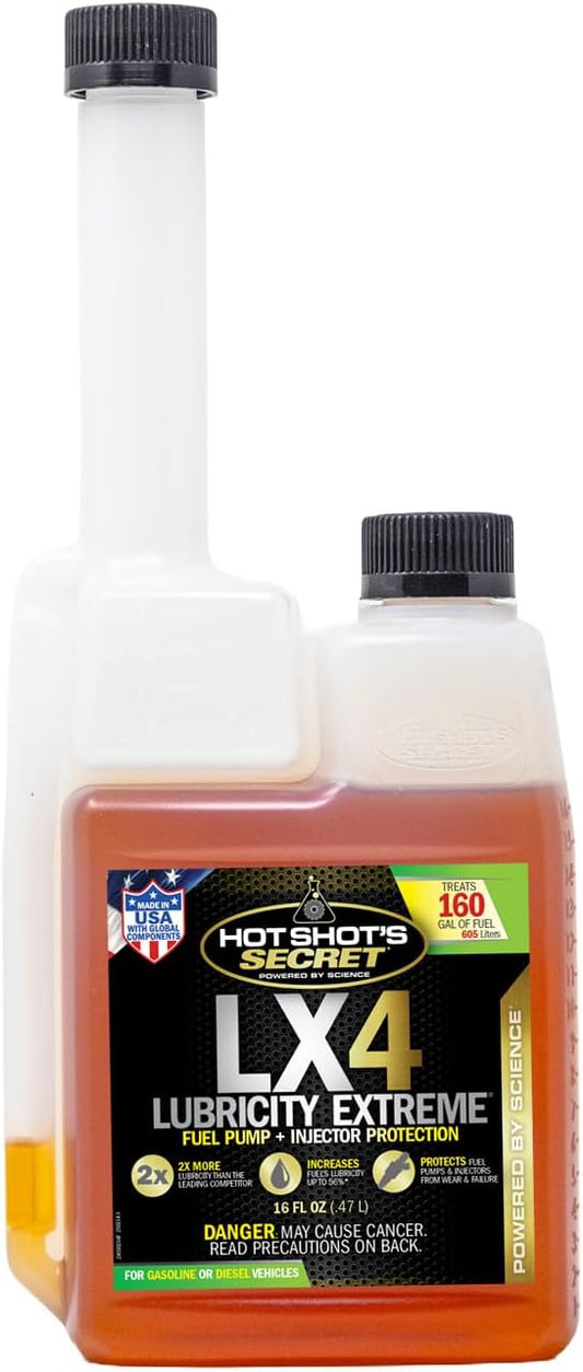 Hot Shot's Secret LX4 Lubricity Extreme– 16oz - Fuel System Protection– Lubricates and Protects Fuel Pump and Injectors– Prevents Wear and Damage – For Gasoline or Diesel Engines, Packaging May Vary