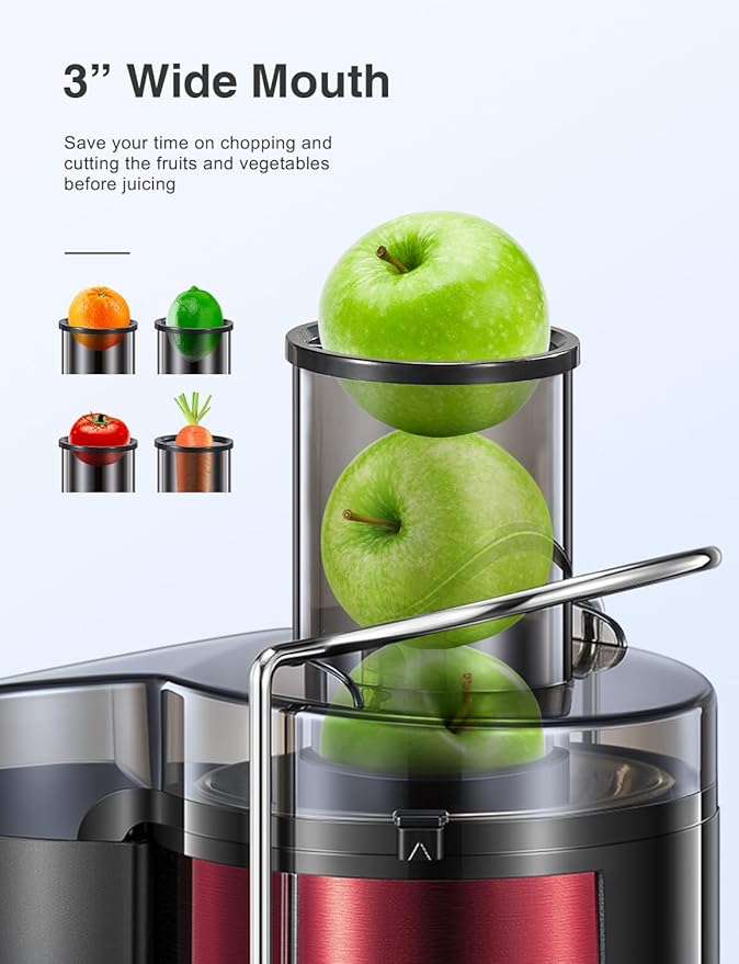 QCen Qcen Juicer Machine, 500W Centrifugal Juicer Extractor with Wide Mouth 3'' Feed Chute for Fruit Vegetable, Easy to Clean, Stainless Steel, BPA-free (Metallic Red)