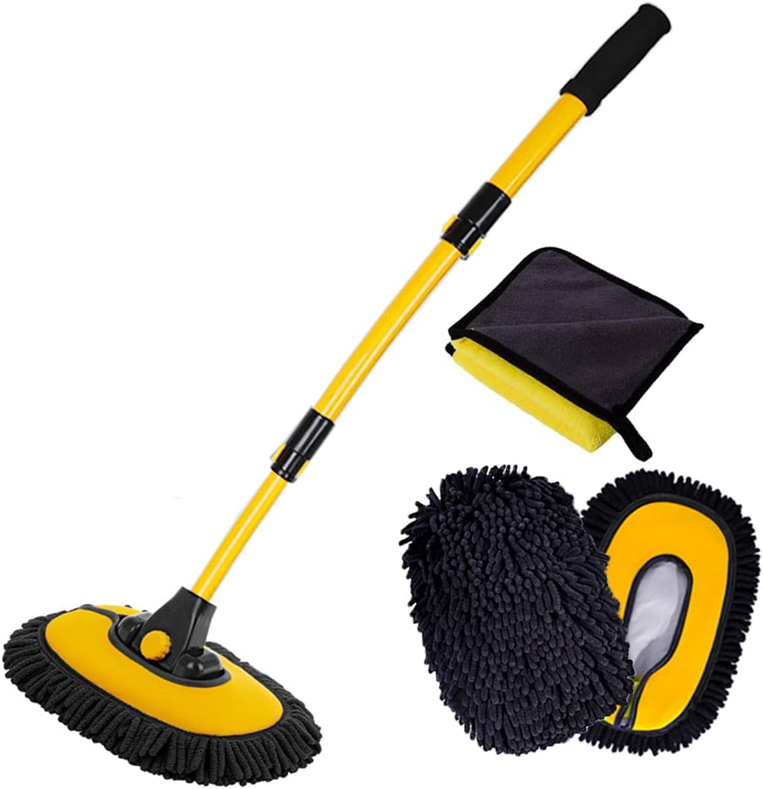 Car Wash Brush with Long Handle, Microfiber Towels Car Wash Kit Cleaning Supplies, Car Wash Mop Mitt with 2 Replacement Head , Extension Pole Car Brush Cleaning Kit for Cars Trucks