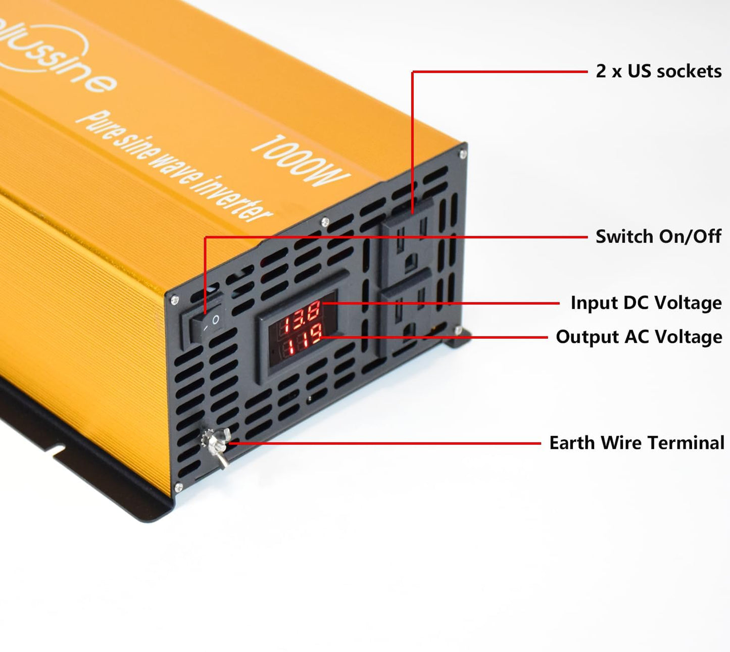 1000W Pure Sine Wave Inverter-36V DC to 110V 120V AC Power Converter with 2 AC Outlets, 36 Volt Power Inverter for Truck, Rv, Camping, Home, Emergency Power