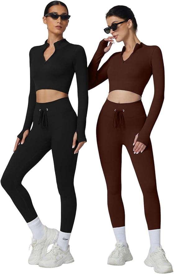 QINSEN Workout Sets for Women 2 Piece Seamless Long Sleeve Crop Tops Ribbed High Waist Leggings