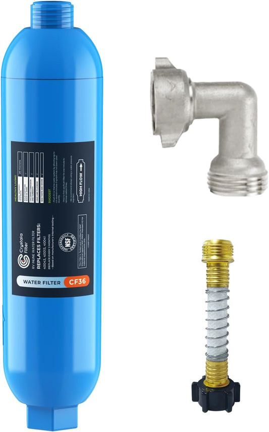CRYSTALA RV/Camper Water Filter, Inline Water Filter Effectively Reduces Bad Taste, Odors, Chlorine and Sediment for RVs and Marines, 1 Pack Filter with 1 Flexible Hose Protector
