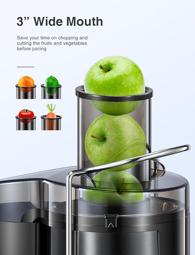 QCen Qcen Juicer Machine, 500W Centrifugal Juicer Extractor with Wide Mouth 3'' Feed Chute for Fruit Vegetable, Easy to Clean, Stainless Steel, BPA-free (Metallic Black)