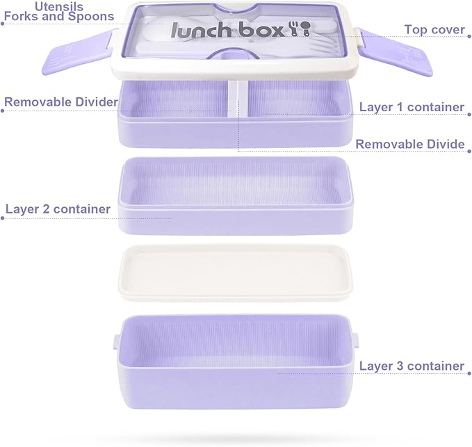 Iteryn Bento Box Lunch Box, 3 Layers Stackable Lunch Containers with Compartments - Leakproof Meal Prep Containers