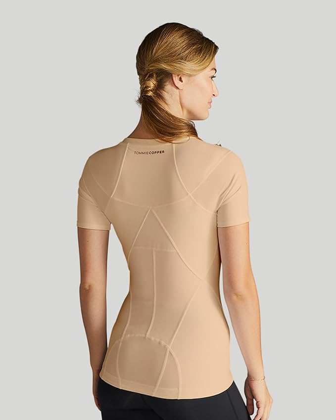 Tommie Copper Womens Short Sleeve V Neck Compression Shirt with Front Zipper – Posture Corrector Back & Shoulder Support