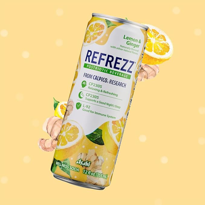 REFREZZ Postbiotic Beverage, Lemon & Ginger, Relaxing and Refreshing, Supports a Good Night's Sleep, Good for Immune System, Gluten Free, Non‑GMO, 35Calories, 12oz (12Cans)