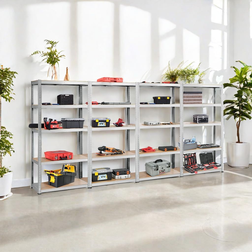 ERGOMASTER 72" Storage Shelves, Heavy Duty Steel Frame 5-Tier Garage Shelf, Metal Multi-Use Storage Shelving Unit for Home/Office/Dormitory/Garage (4, Silver)