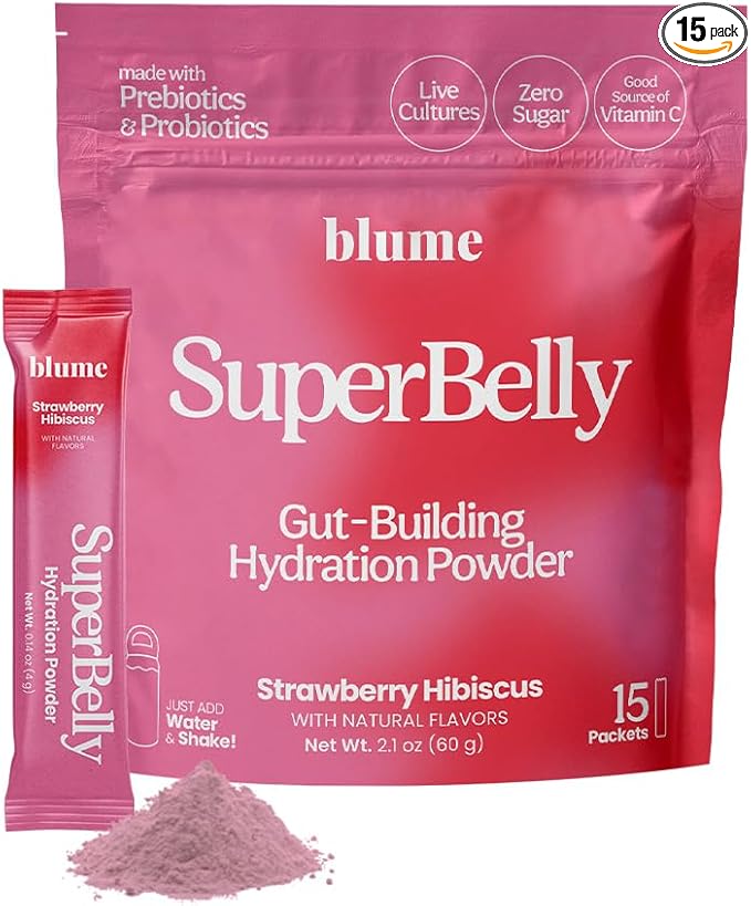 Blume New SuperBelly Gut Health and On-The-Go Hydration Packets, Sugar-Free, with Prebiotics, Probiotics, Apple Cider Vinegar, Vitamin C, and Electrolytes, Strawberry Hibiscus, 15 Sticks